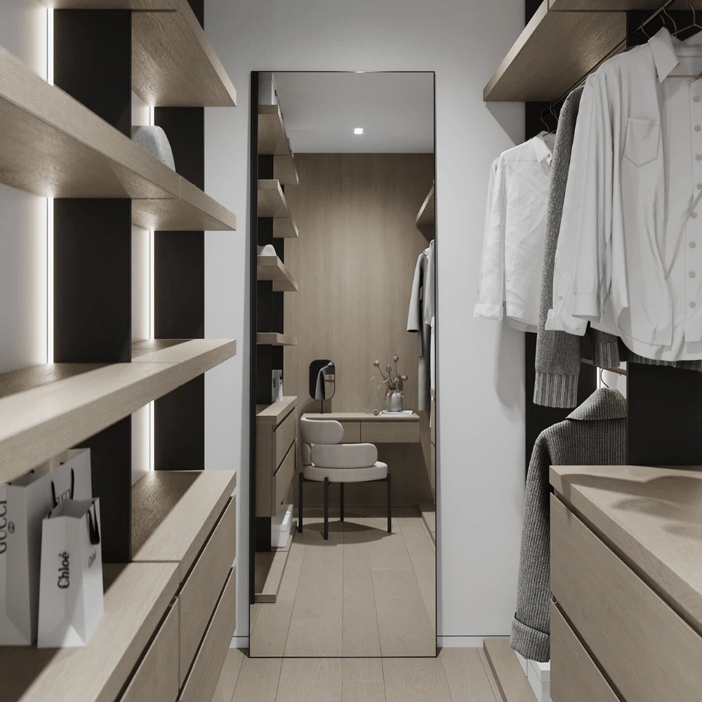 Modern small space walk in closet with wooden shelves and mirror Modern small space walk in closet with wooden shelves and mirror