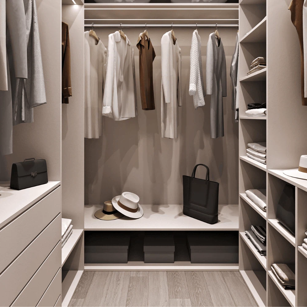 Light beige walk in closet for small bedrooms with organized storage Light beige walk in closet for small bedrooms with organized storage