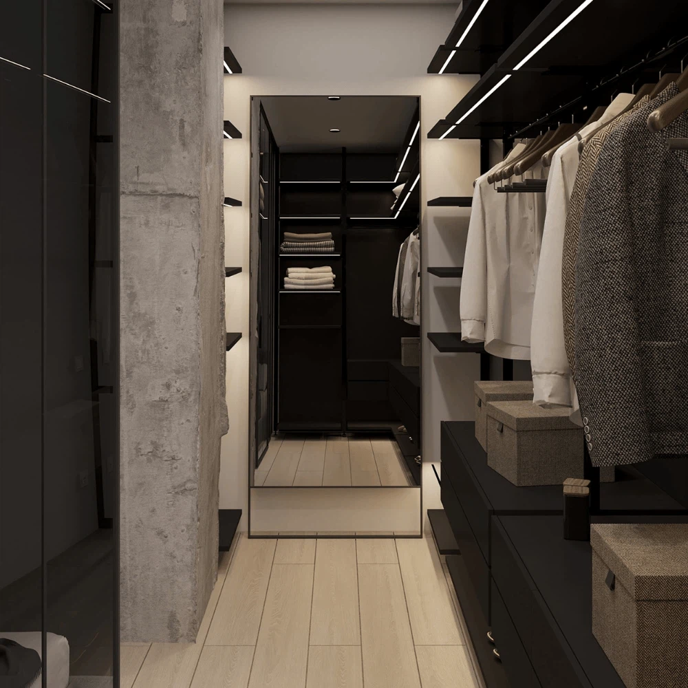 Black modern small space walk in closet with sleek lighting Black modern small space walk in closet with sleek lighting