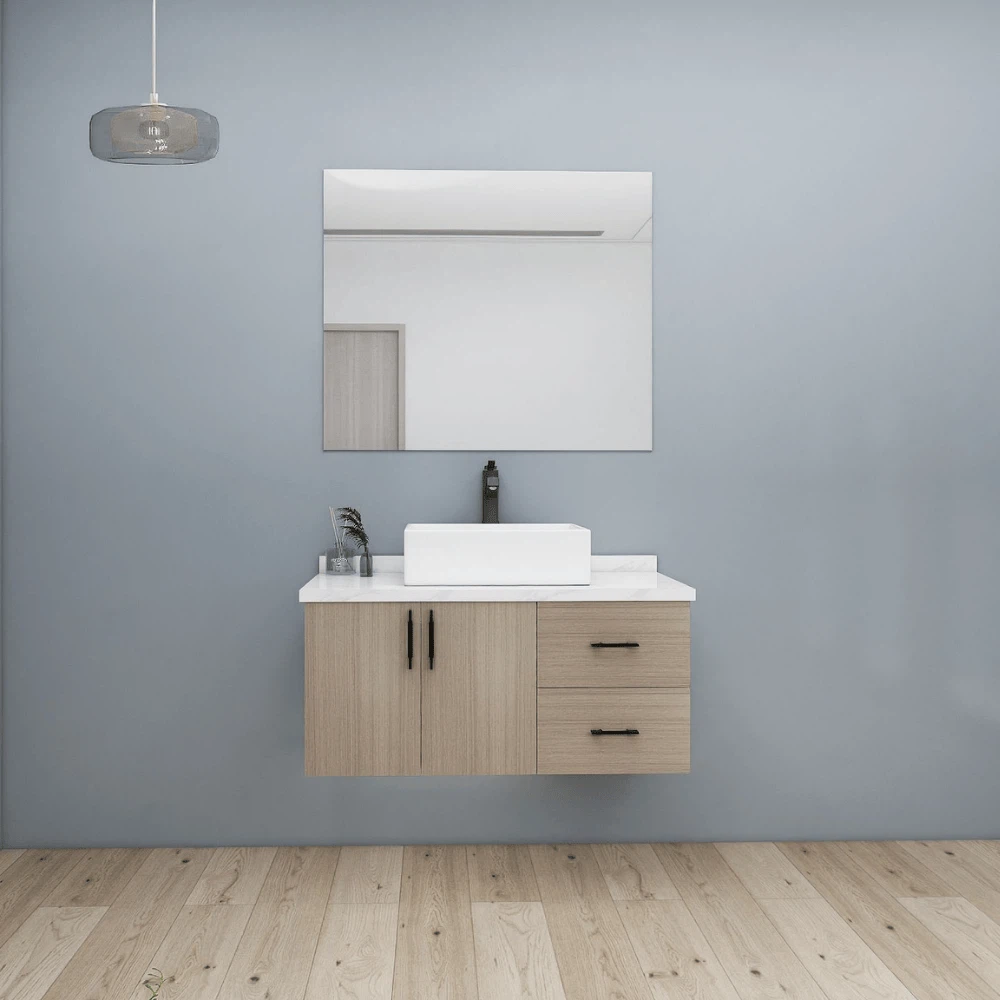 Modern light oak small wall mounted bathroom vanity with white basin and mirror Modern light oak small wall mounted bathroom vanity with white basin and mirror