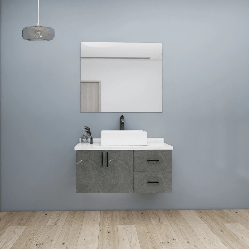 Grey stone textured wall mounted bathroom vanity with ceramic sink and black handles Grey stone textured wall mounted bathroom vanity with ceramic sink and black handles