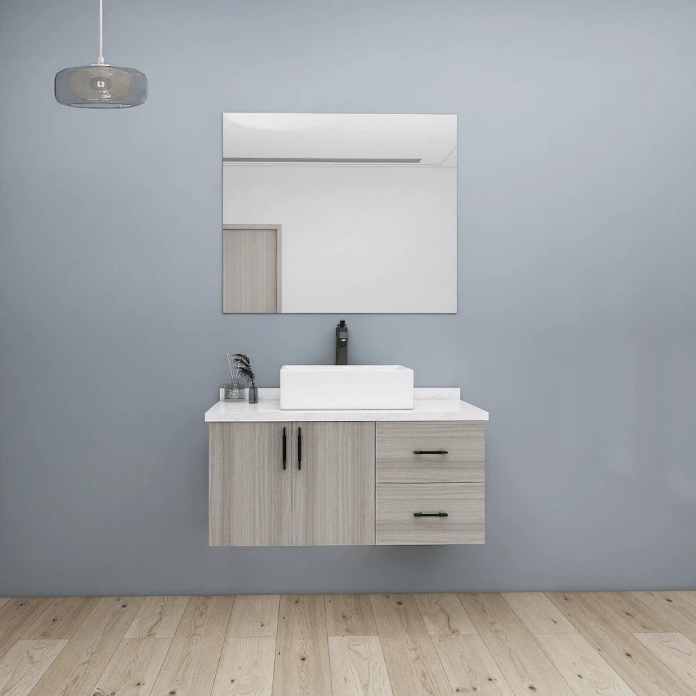 Light grey floating bathroom vanity with white countertop and square vessel basin Light grey floating bathroom vanity with white countertop and square vessel basin